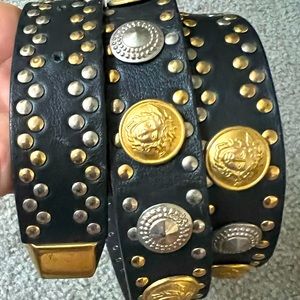 Vintage Gianni Versace gold & silver Medusa head studded black leather belt